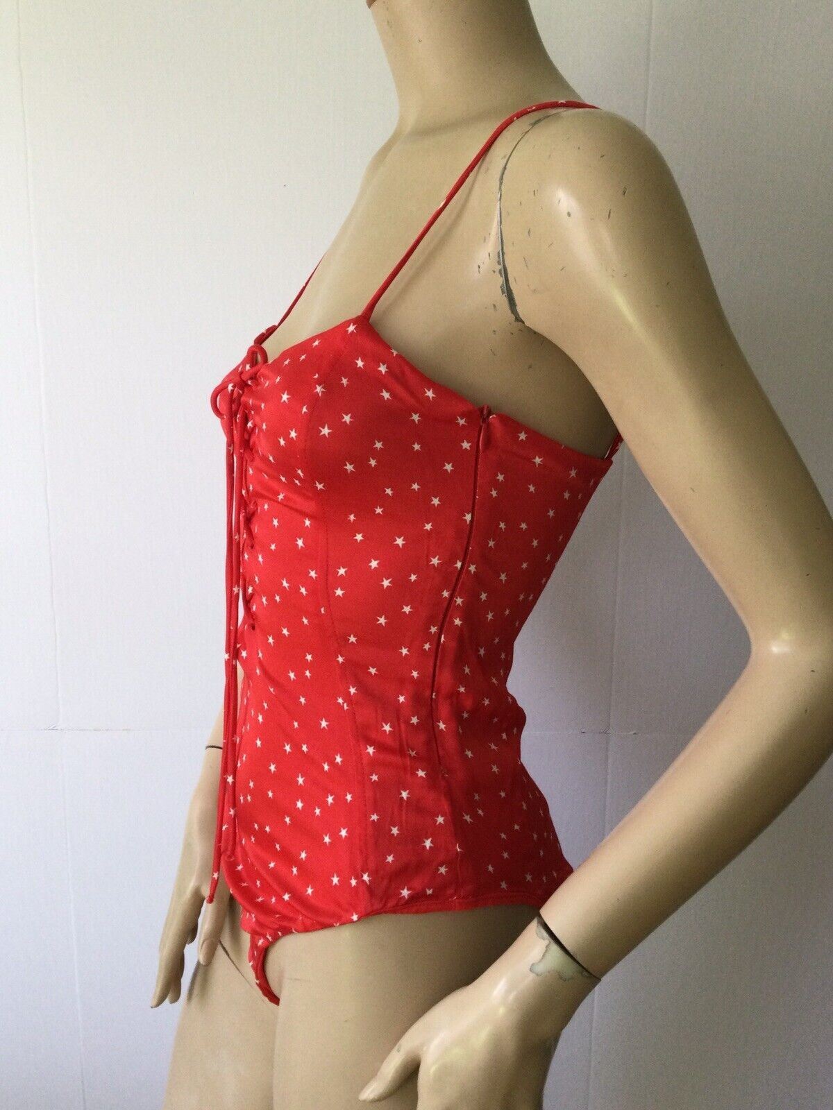 NEW ZARA Red & White Star Lace Up Snap Crotch Bodysuit (Size XS)