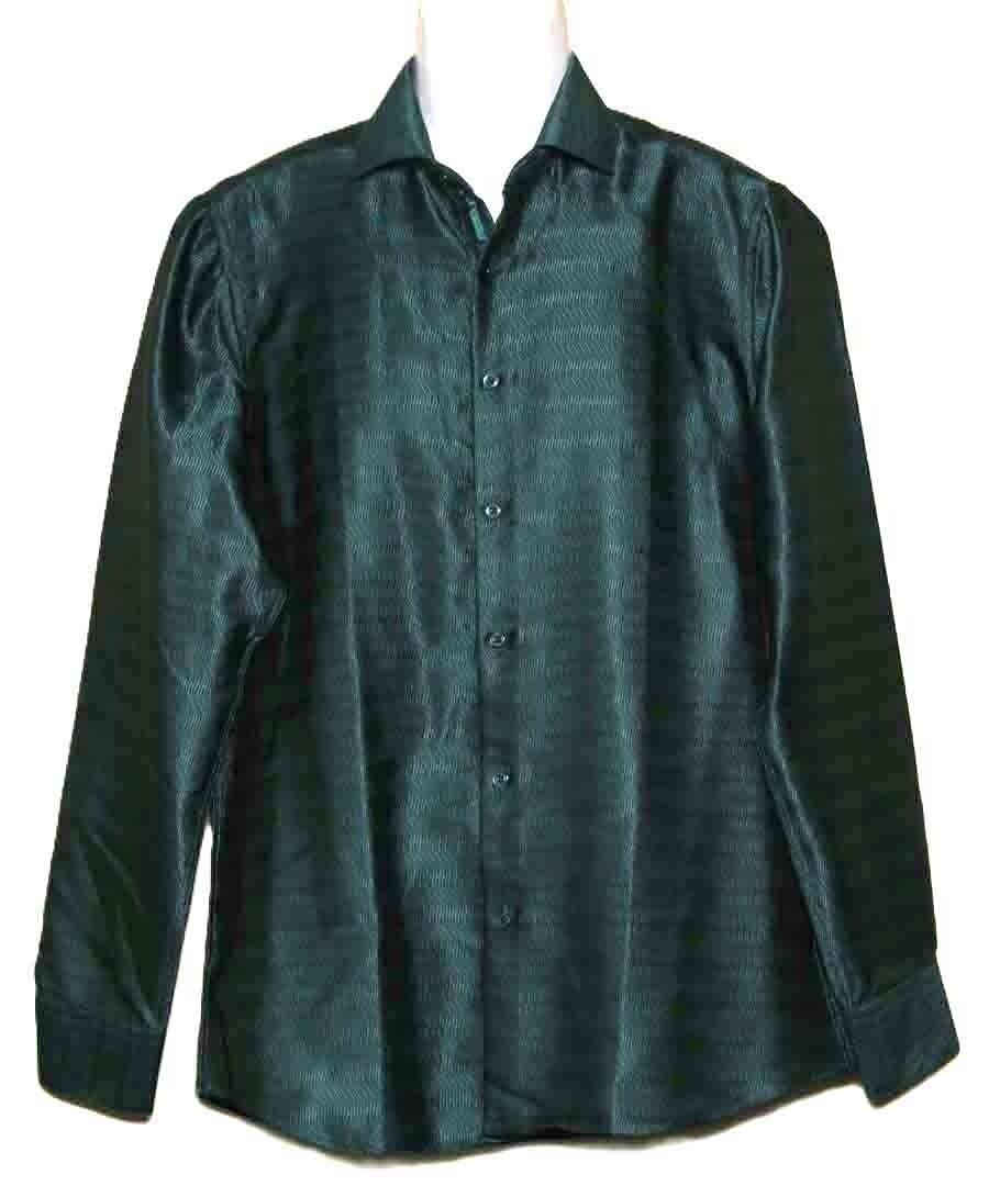 NEW Barry Wang Silk Blend Shirt Green Wavy Lines Pattern Men’s Size Slim Medium