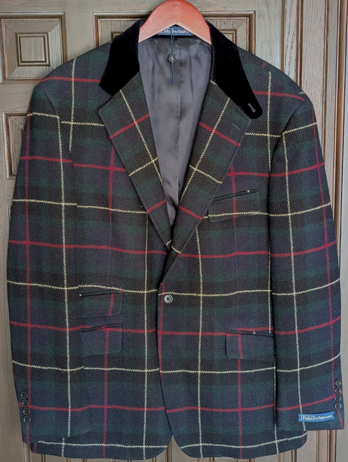 POLO Ralph Lauren Tailored Plaid Wool Suit Jacket, Velvet Collar, Size 48 R NEW