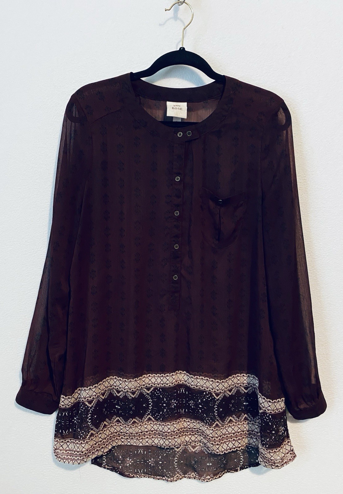 Knox Rose Top Womens 1X Maroon Boho Print Sheer Chiffon Long Sleeve Peasant