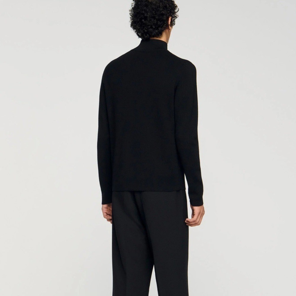 Sandro Black Quarter-Zip WOOL men’s SWEATER WITH ZIPPED COLLAR