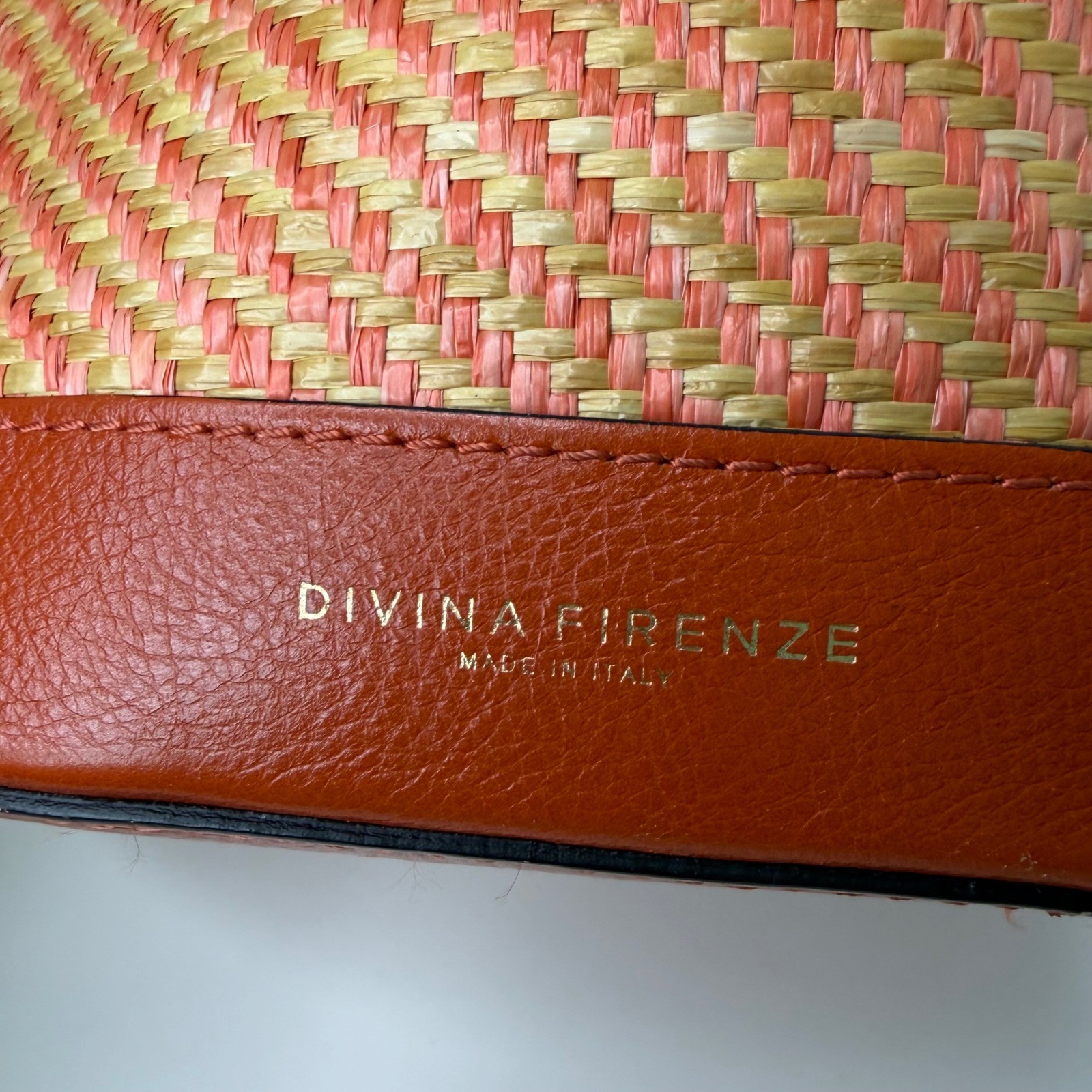Divina Firenze Bucket Bag Womens Orange Woven Straw Leather Italian Boho Small