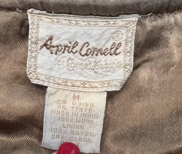 April Cornell Vintage Wool Boho Jacket Velvet Ruffles Sleeves Size Medium Tan