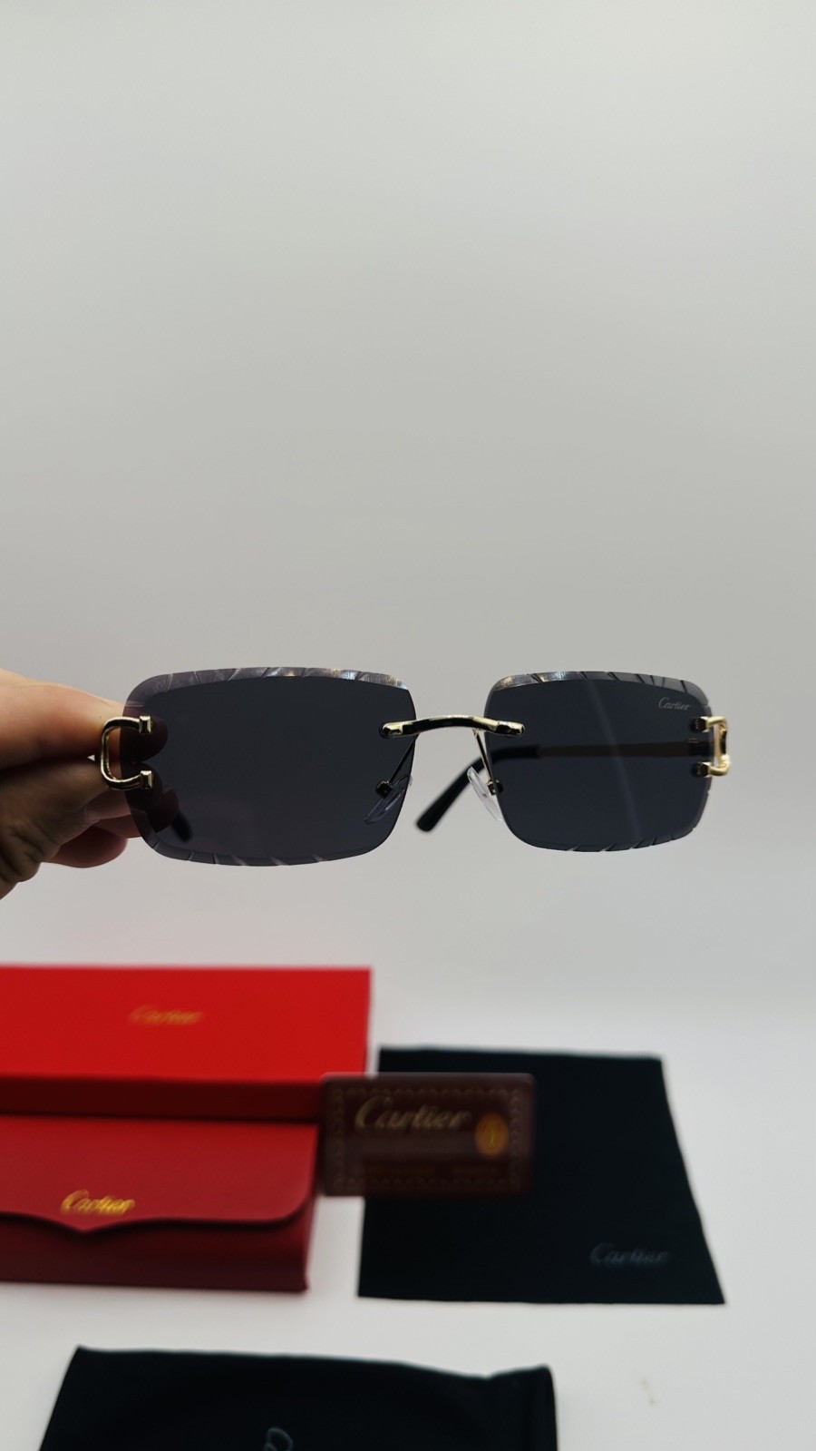 Cartier Big C Diamond Cut Dark Grey Frameless Lens Gold Frame