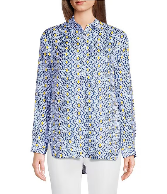 $188 J. McLaughlin M Tunic Shirt Fallon Linen Blue/White Costa Key Print