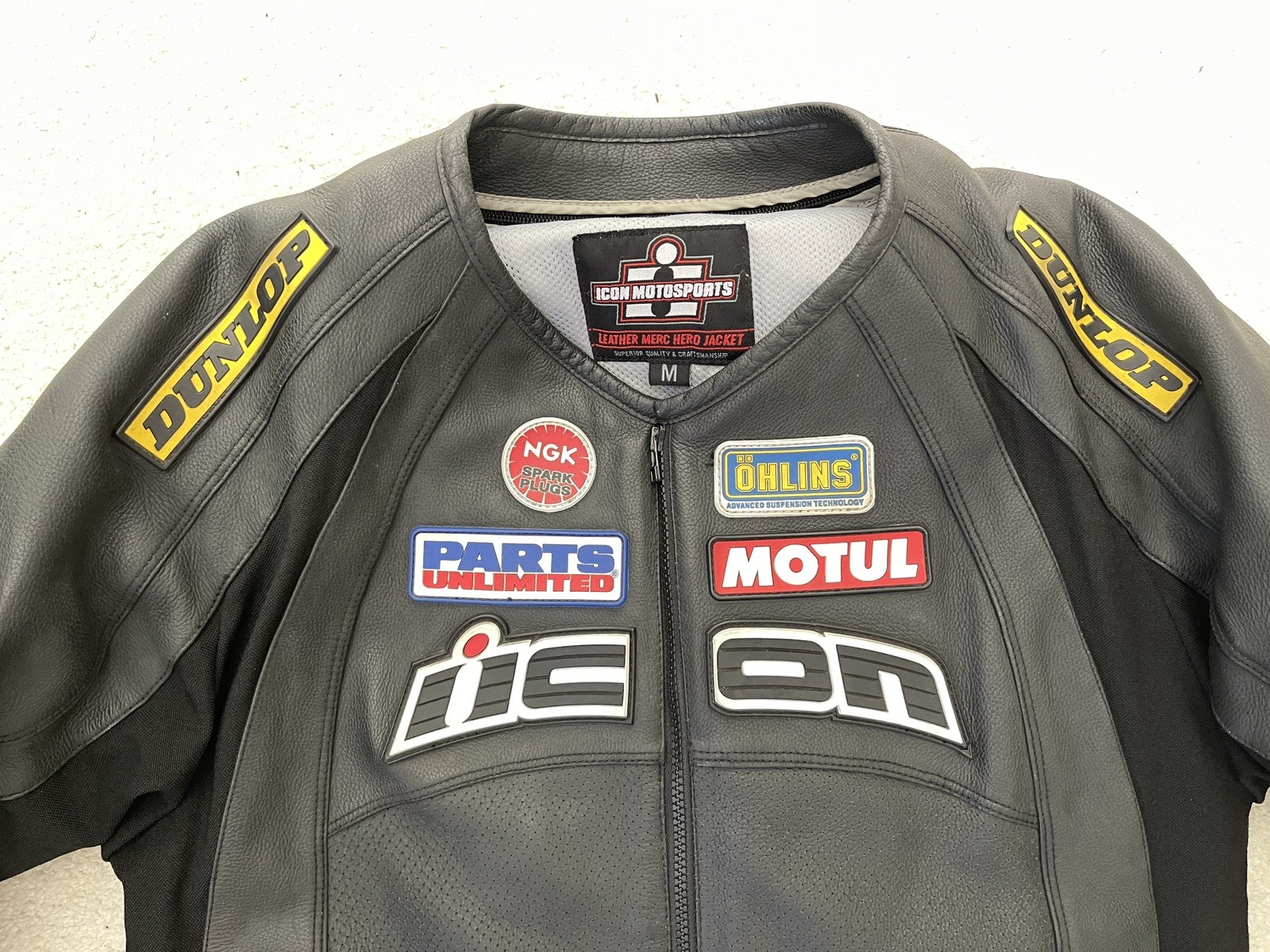Icon Racing Logo Embroidered Black Leather Merc Hero Moto Jacket Mens Medium M