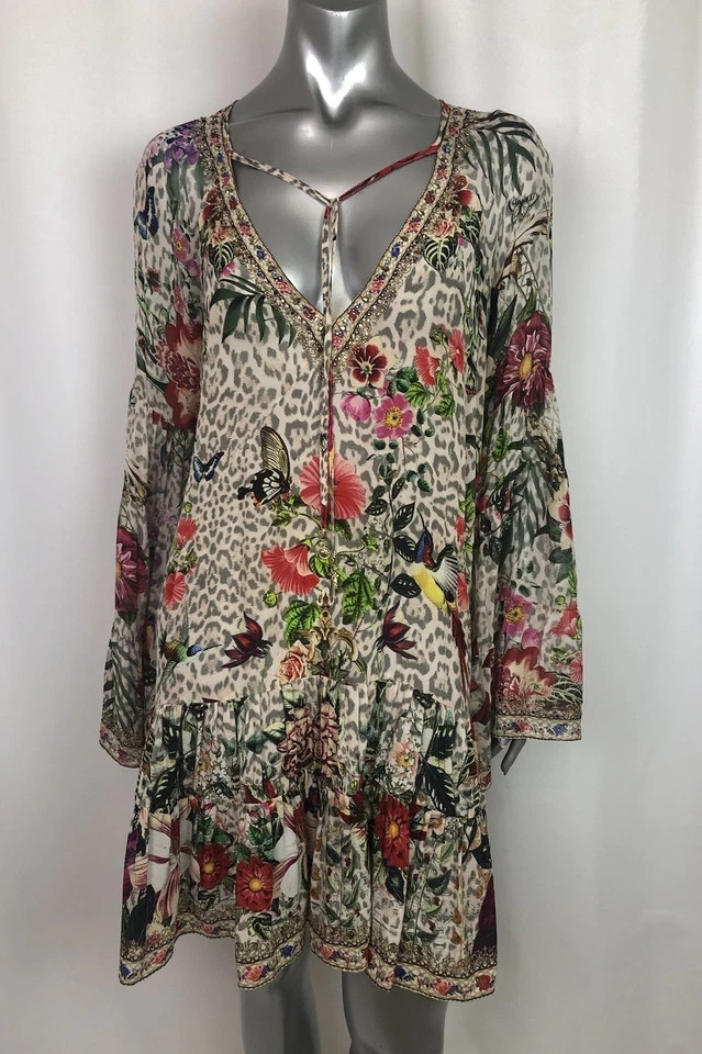 Camilla M/L 12 LEOS BOUQUET A-Line Gathered Panel Dress Short Silk Crystals $699