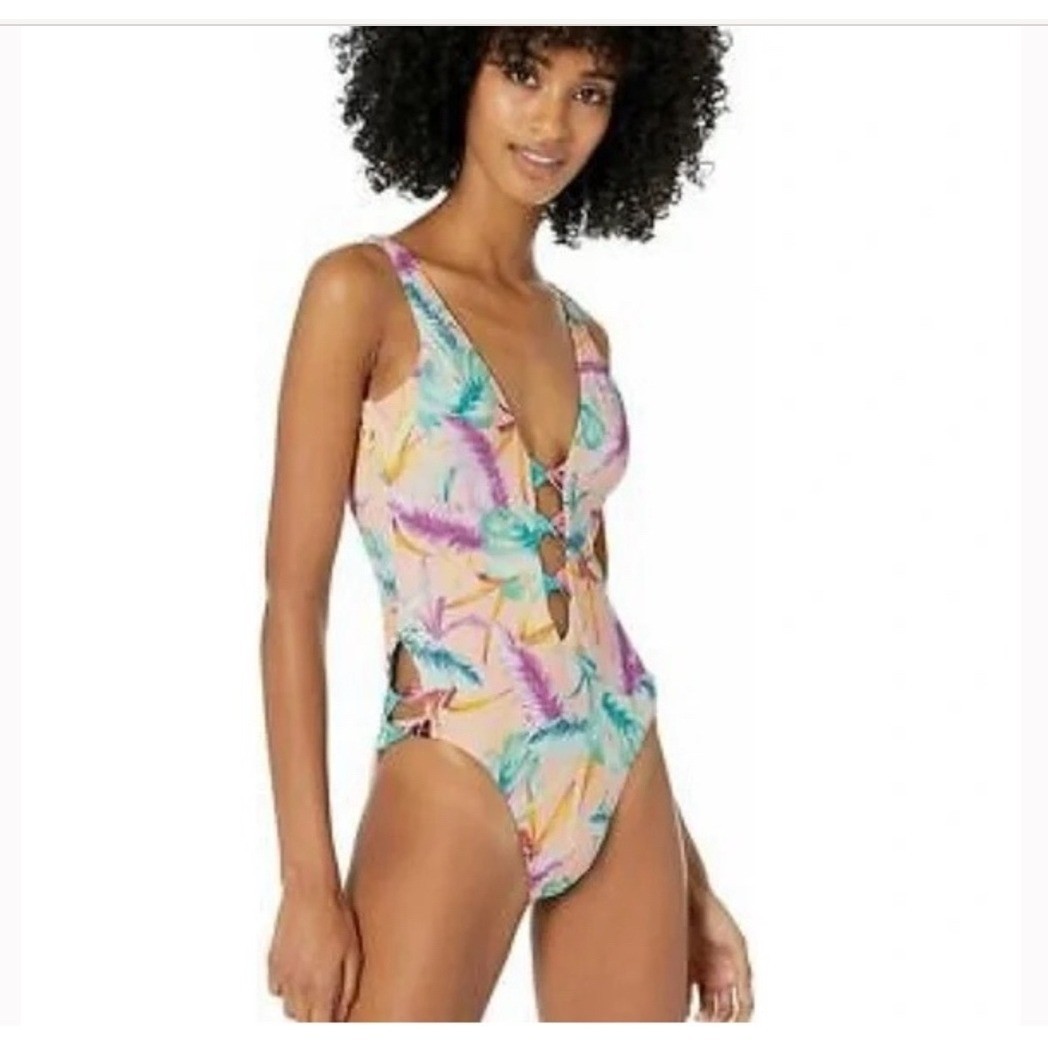 Bar III Women’s XL Plunge Lace-Up Tropical Print One Piece Swimsuit NWT
