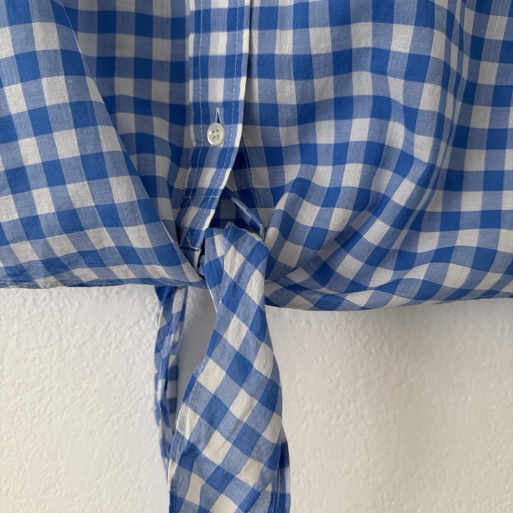 J.CREW Blue/White Gingham Collared Tie-Front Long Sleeve Blouse Womens 0P