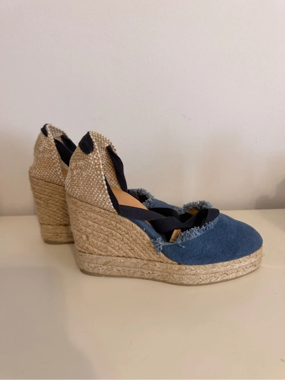 Castaner Navy Canvas Espadrille Wedge Sandals with Ankle Wrap Size 37 (7 US)