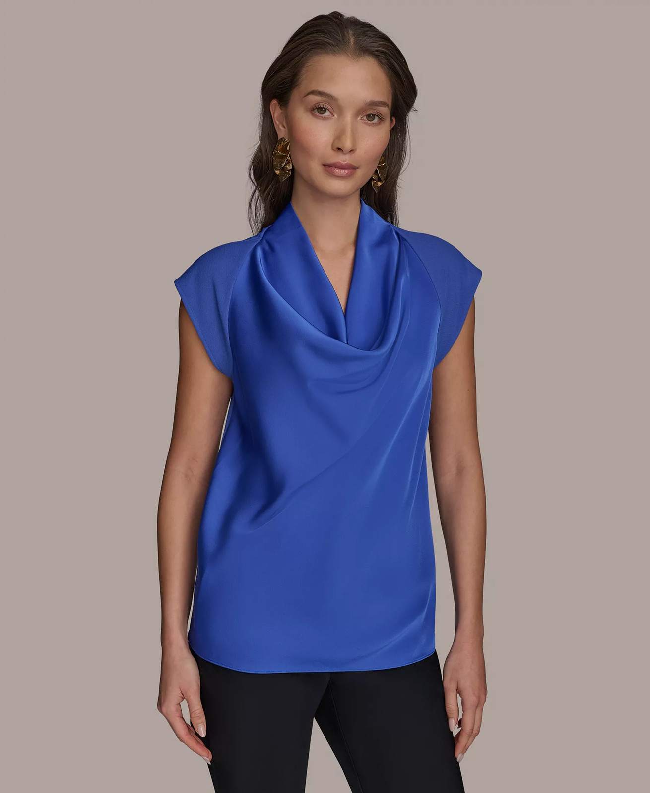 /LX010/ Donna Karan New York Cap Sleeve Cowl Neck Top Blue Sz M
