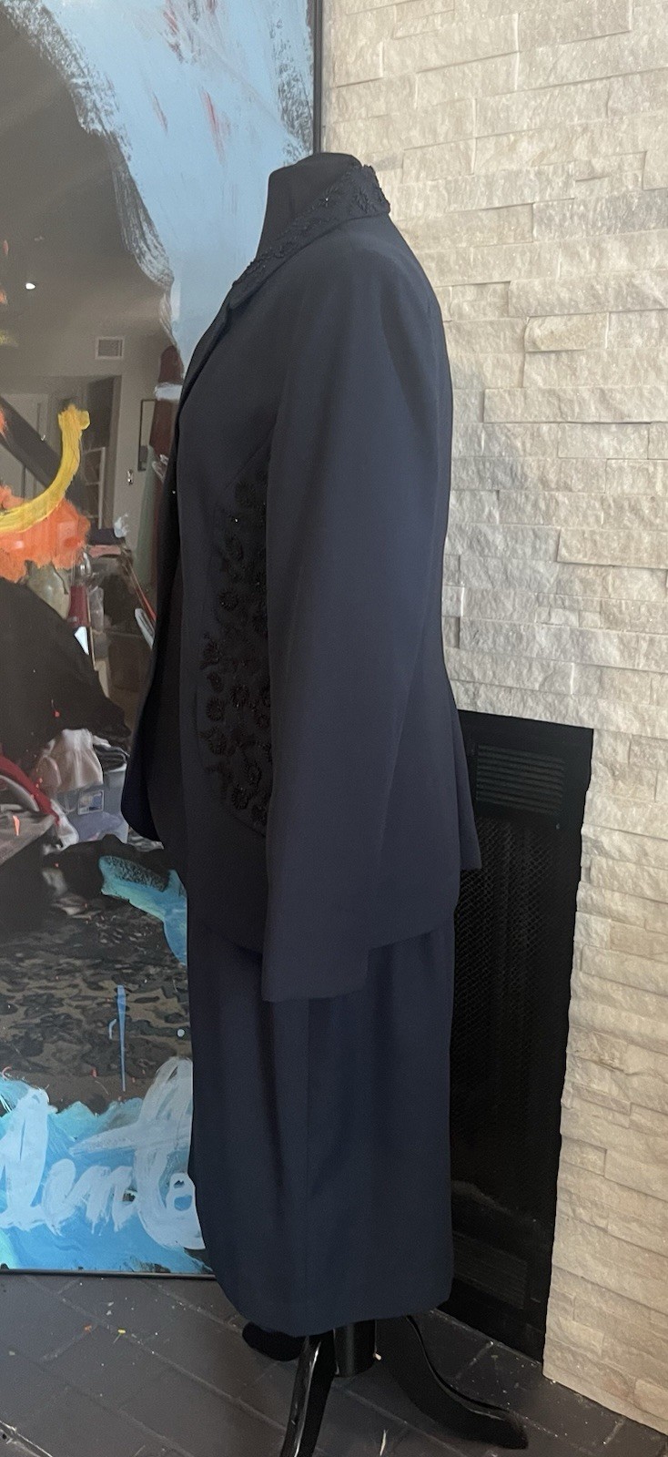 Morgan Miller Navy Blue Black Beaded Detail Skirt Suit Set Special Size 16