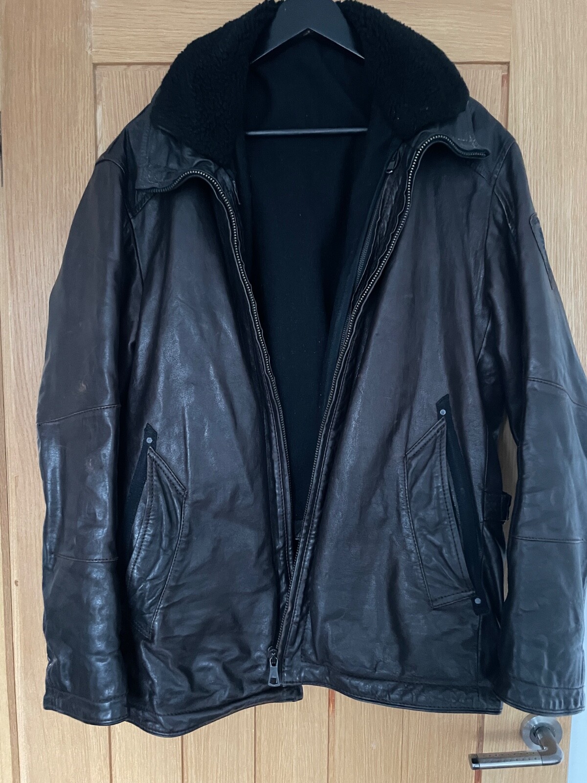 Vintage Brown Strellson Swiss Cross Leather Jacket Coat Size L Large Great Cond