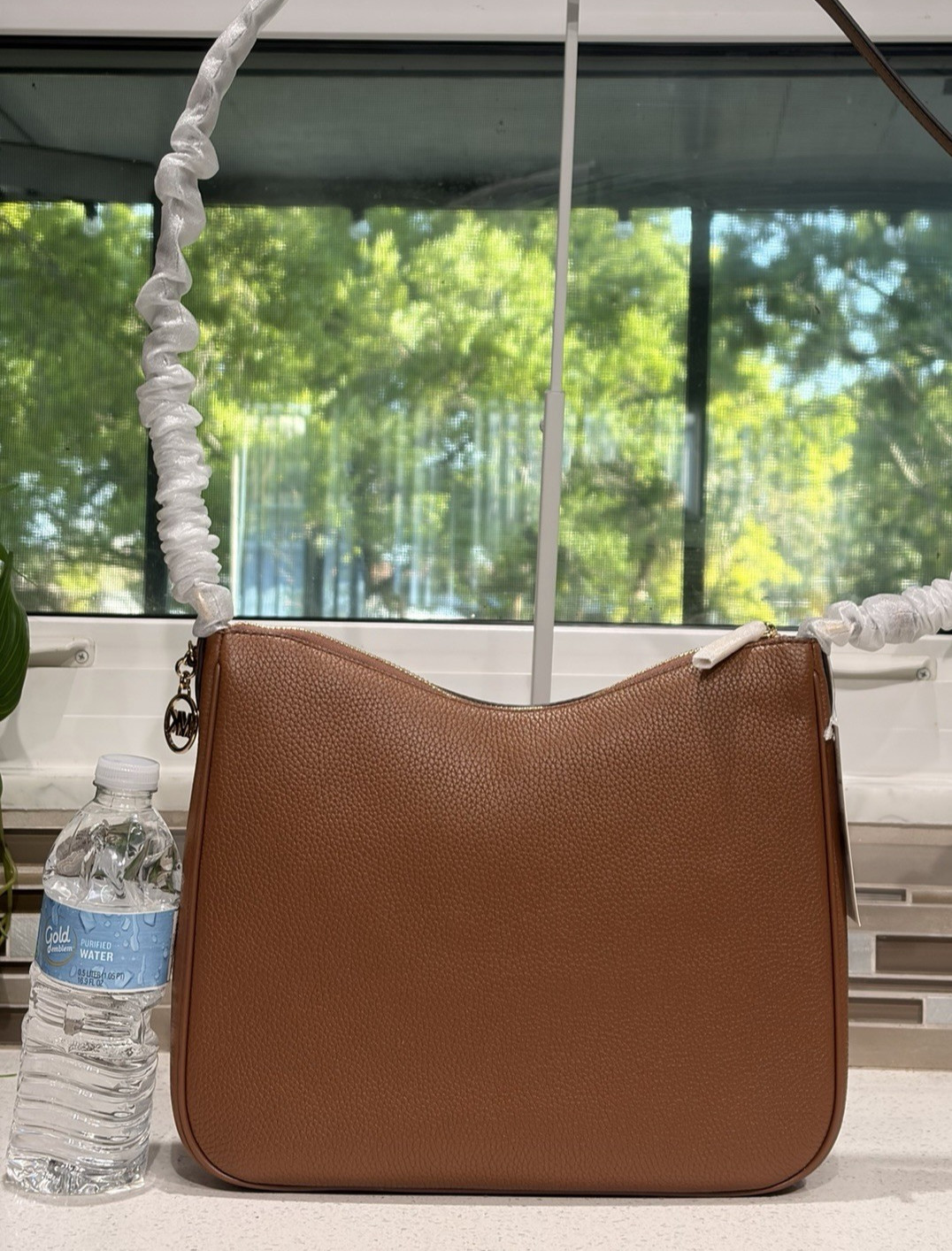 MICHAEL KORS NAYLA MEDIUM ZIP MESSENGER CROSSBODY BAG TOTE PURSE MK BROWN GOLD
