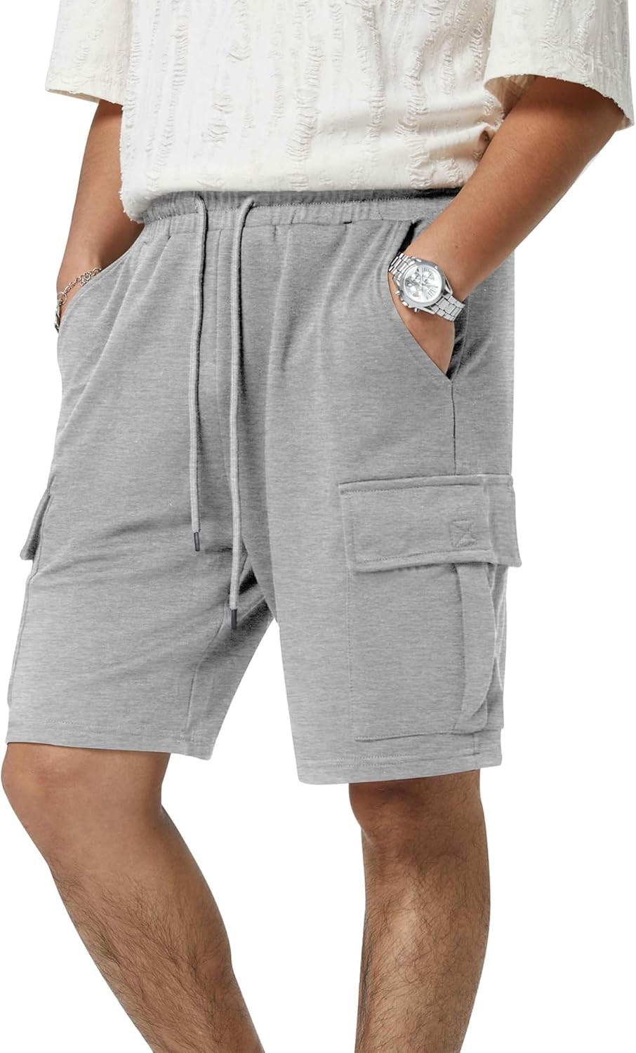 Mens 5 Pocket Athletic Cotton Shorts Drawstring Elastic Waist Workout Gym Cargo