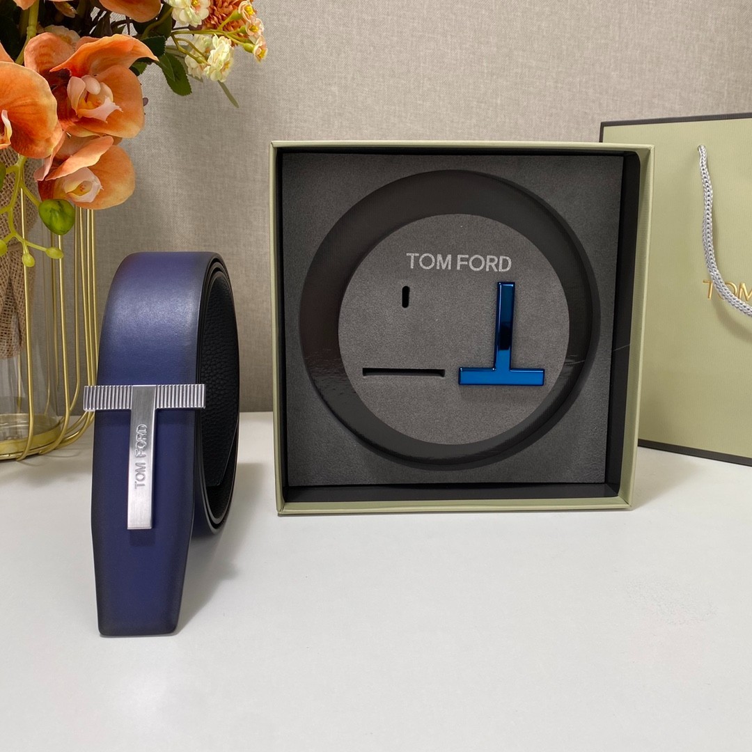 Tom Ford Mens T Logo Blue/Black Leather Dress Belt S.S. Buckle
