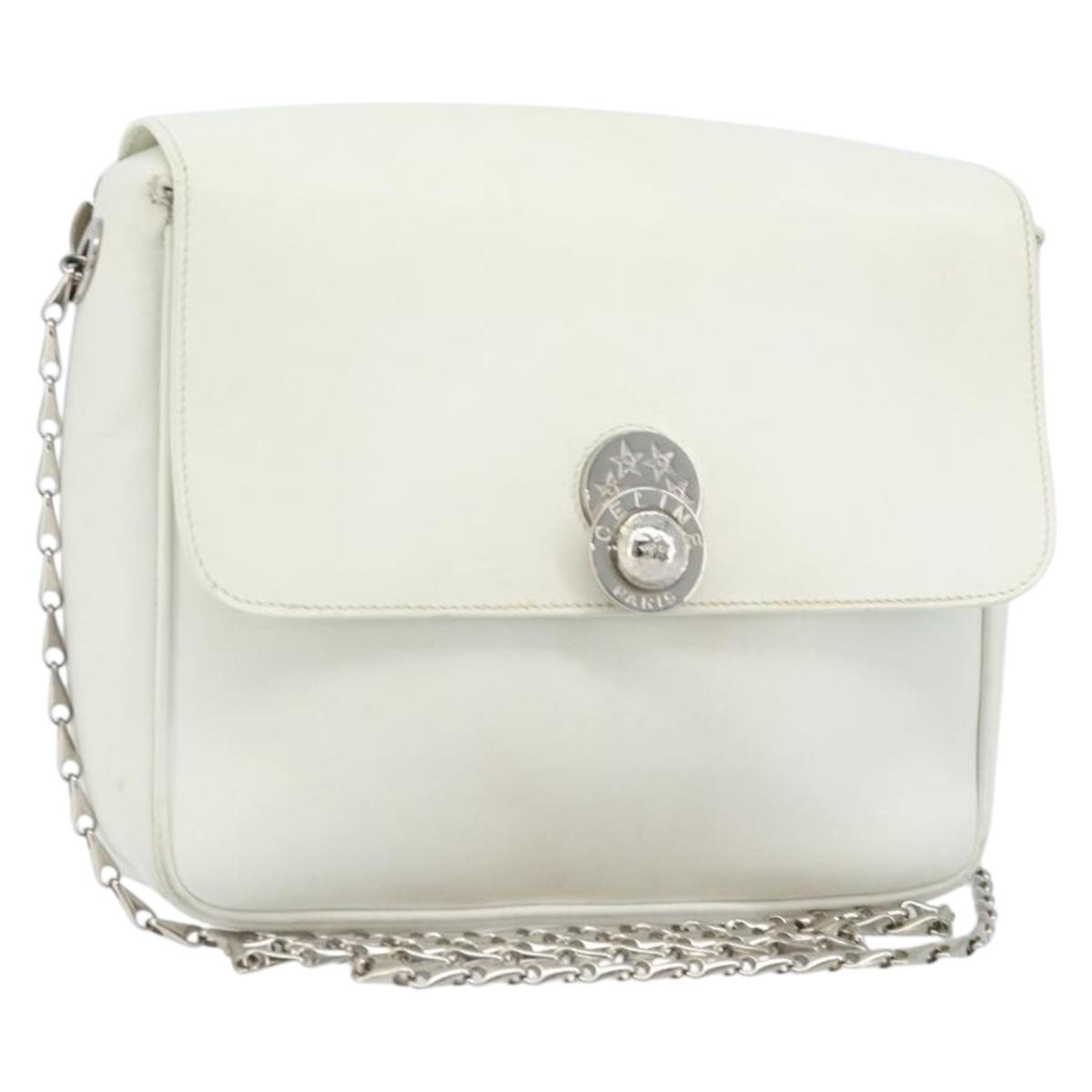 CELINE Star Ball Chain Shoulder Bag Leather White Silver Auth LNZ806