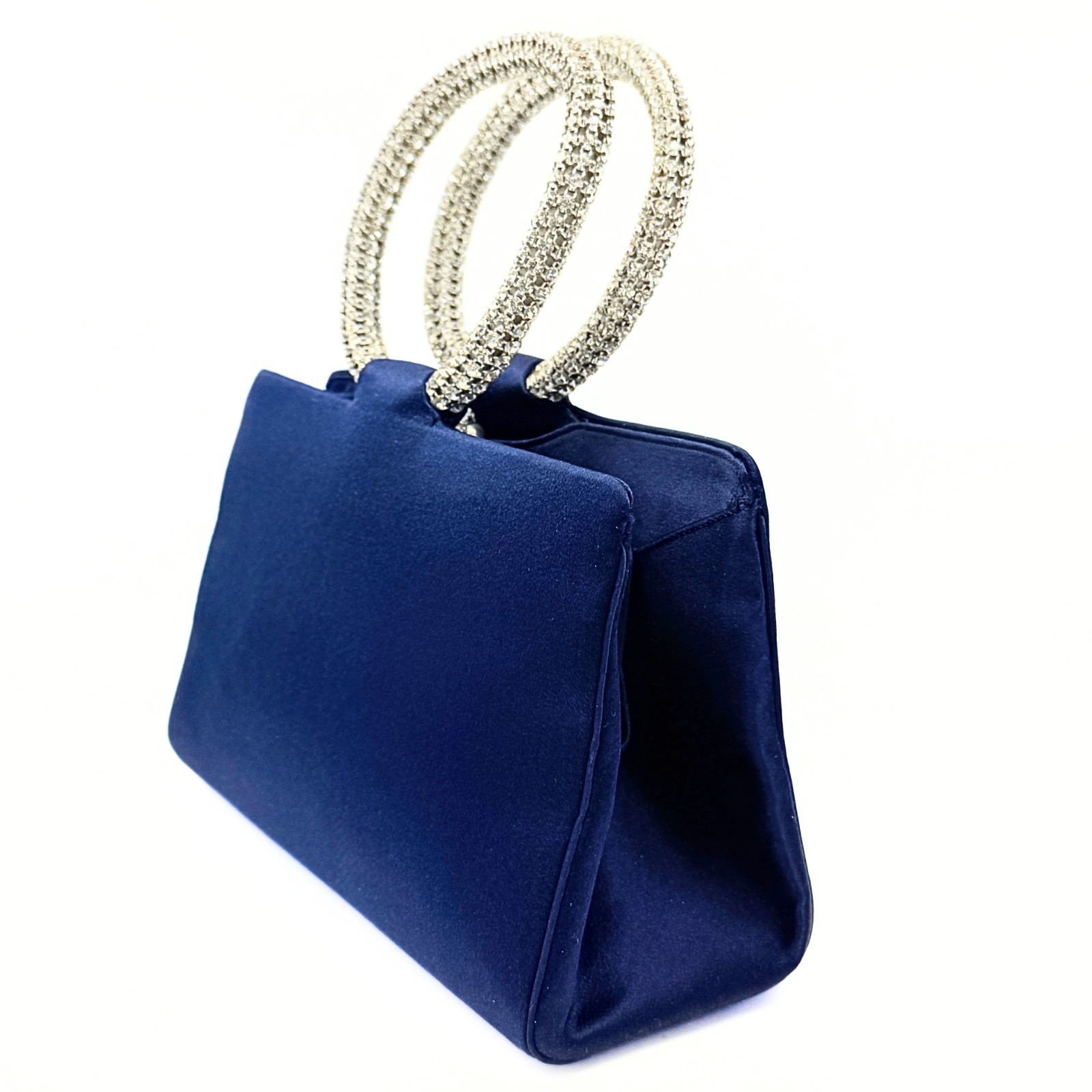 Judith Leiber Midnight Blue Satin Rhinestone O-Ring Top Handle Clutch Bag