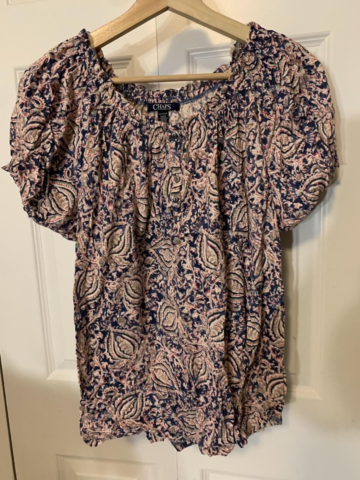 Chaps Womens XL Floral Print Round Neck Cap Sleeve Blouse Top Pink Blue Paisley