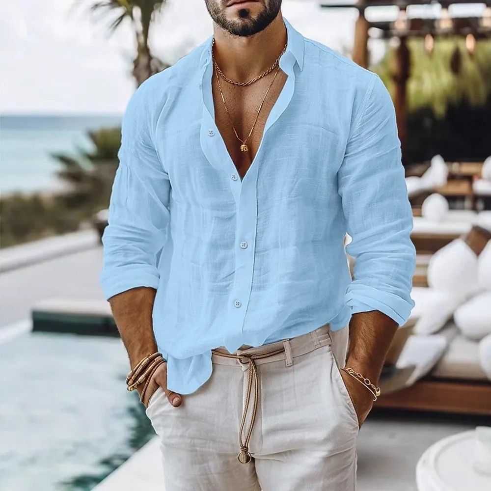 Camisa de lino y algodón para hombre camisa de manga larga Color sólido, estilo