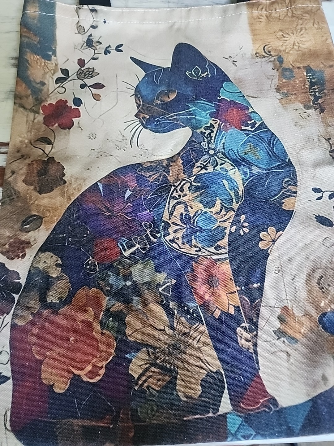 Fujian Floral Blue Cat Print Polyester Tote Bag