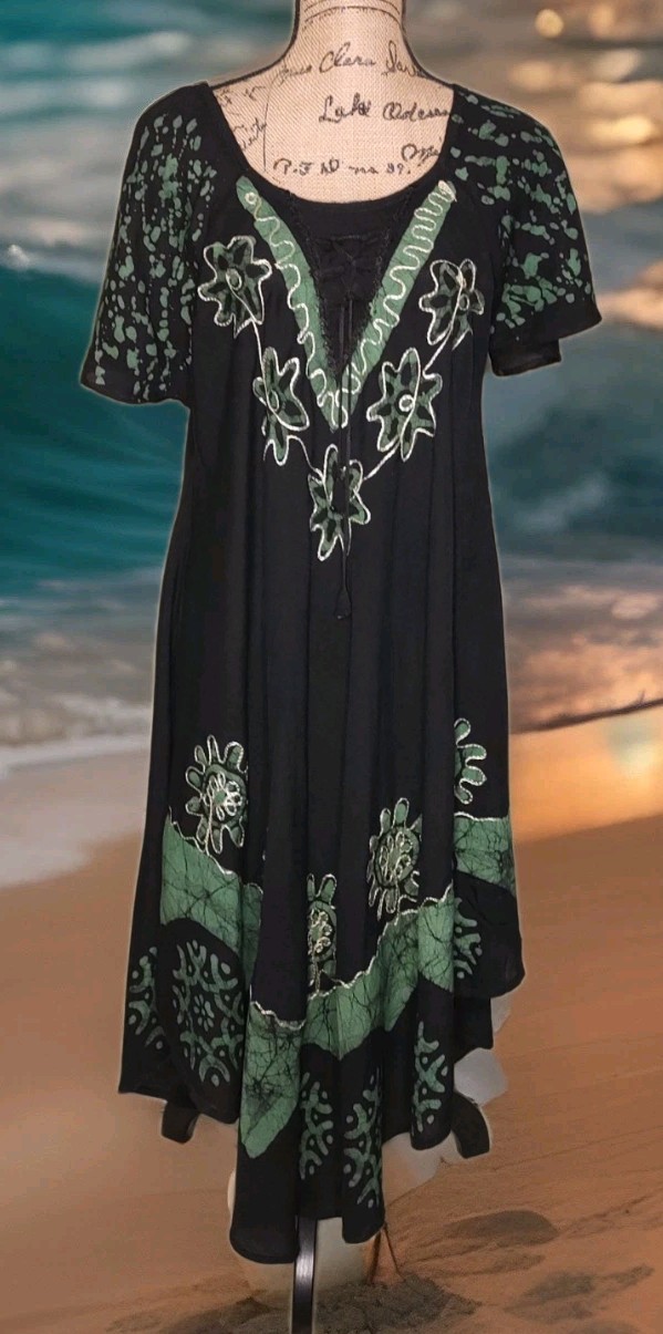 Cute Options – Black w/Green Tie Dye Floral Cap Sleeve Rayon Dress – Free Size