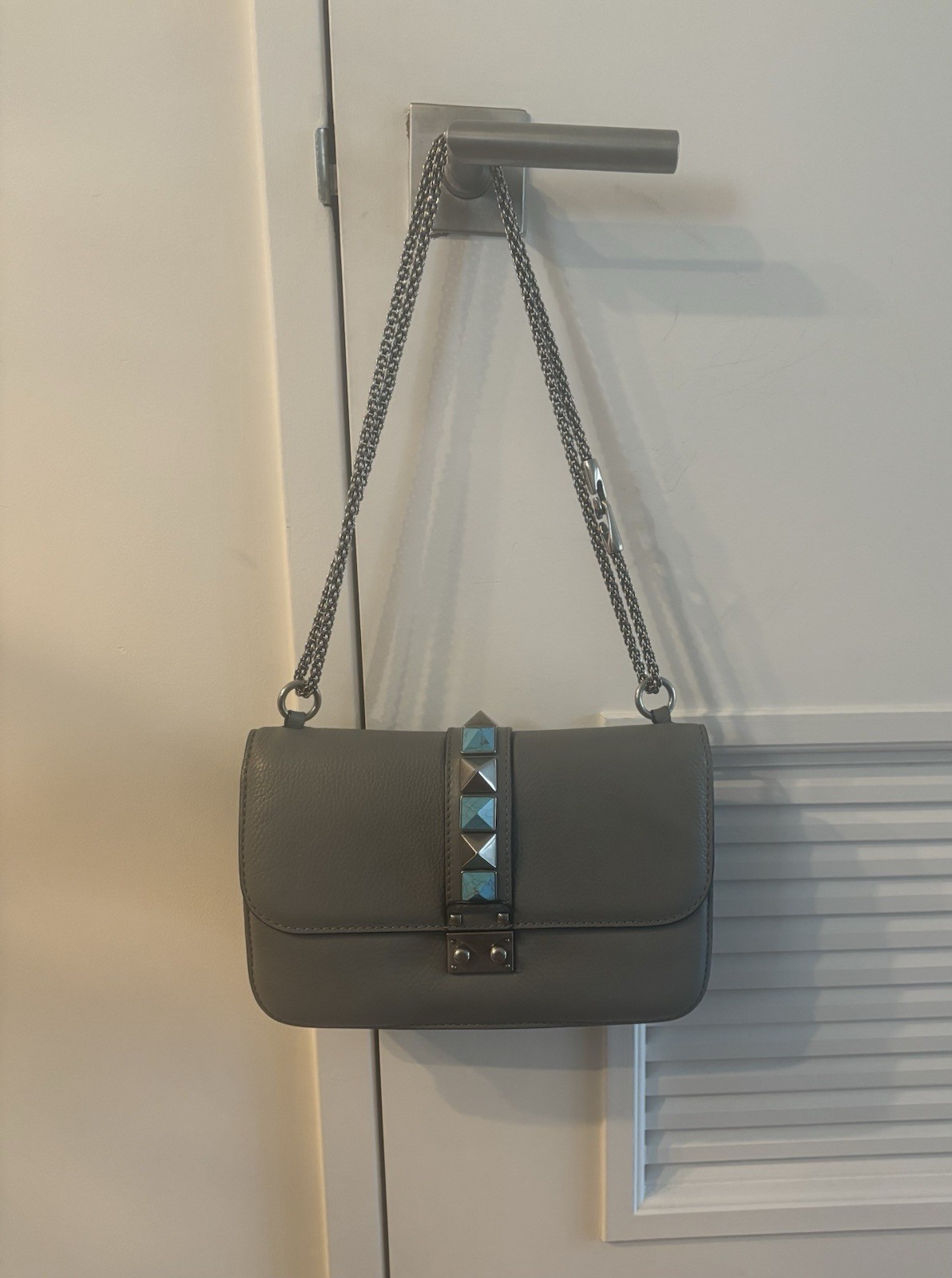 Valentino Garavani Glam Lock Gray Studded Shoulder/Crossbody Bag Silver Chain