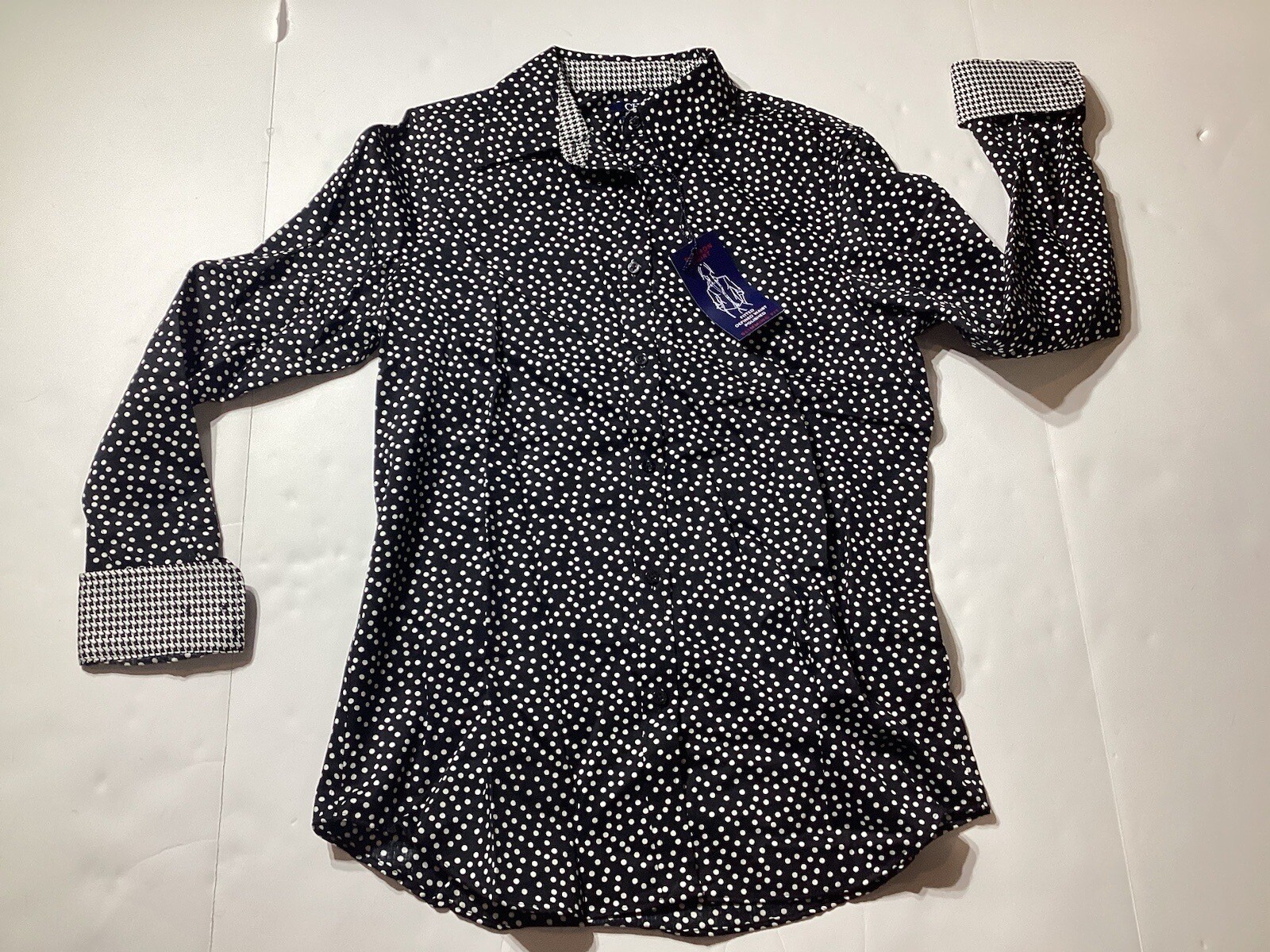 Women’s CHAPS NO IRON BLACK WHITE POLKA DOT BUTTON-UP TOP SHIRT SZ SMALL NEW