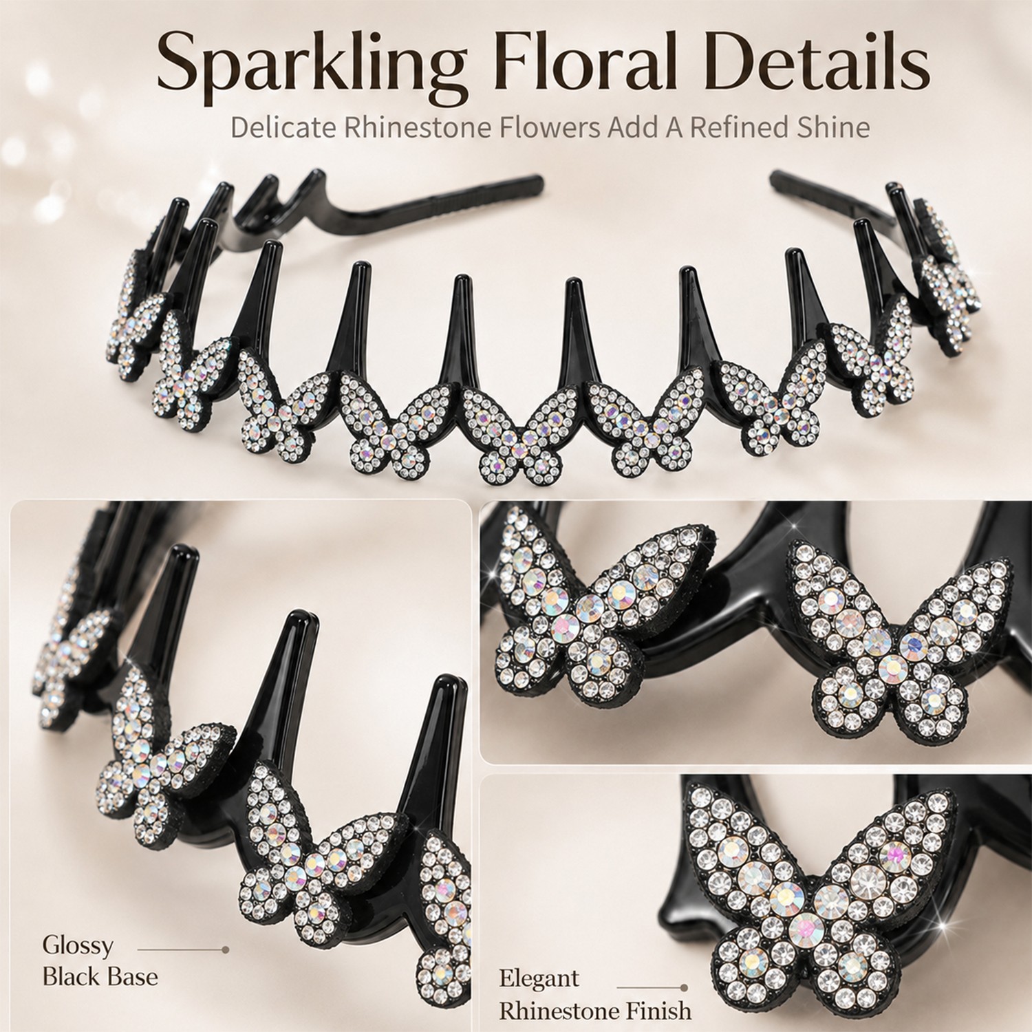 4PCS Glitter Rhinestone Butterfly Flowers Crystal Wavy Teeth Headband for Women