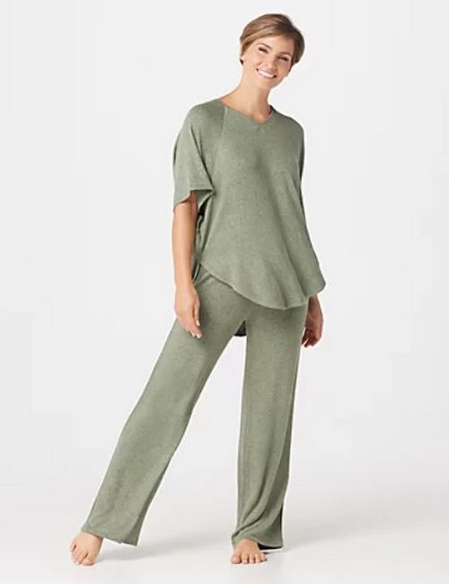 AnyBody Sea Spray Green Hacci Flounce Top & Wide Leg Pants Set Pajama Lounge
