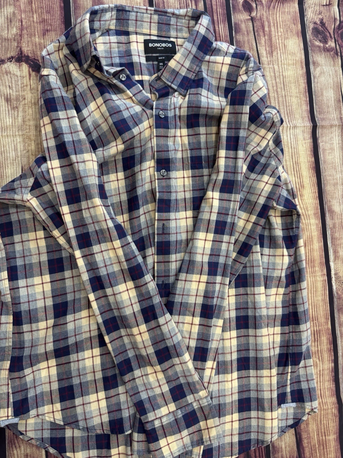 Bonobos Men’s Slim Fit Stretch Plaid Blue Woven Cotton Button-Up Shirt LS 2XL