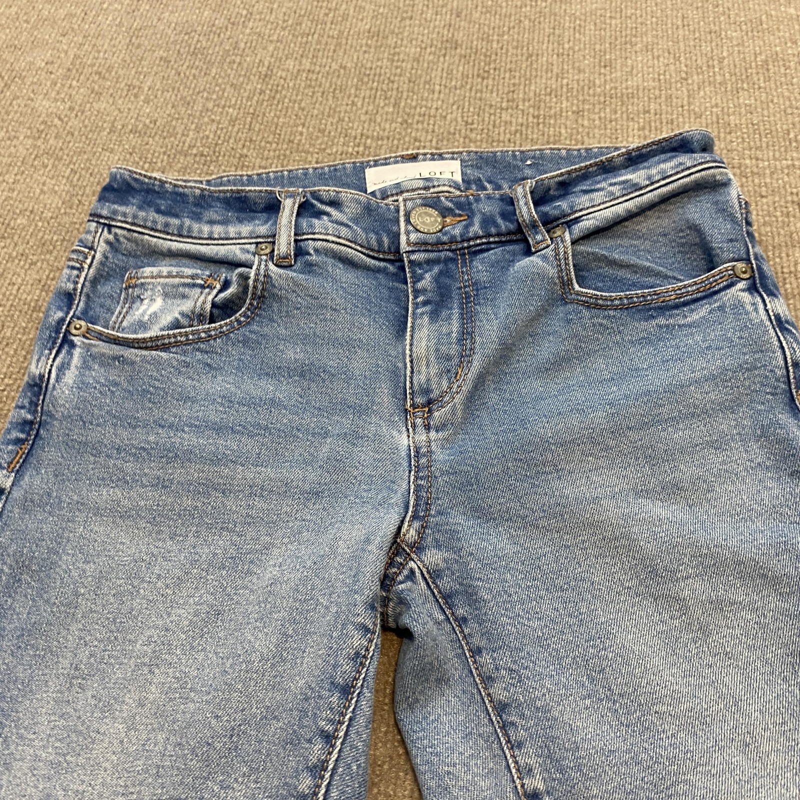 LOFT Modern Straight Jeans Womens 00 Blue Med Wash Mid Rise Distressed Fringe