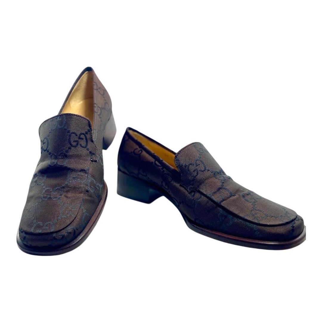 Gucci Logo Monogram Satin Canvas Brown Black Authentic Size IT 37C US 7 Loafers