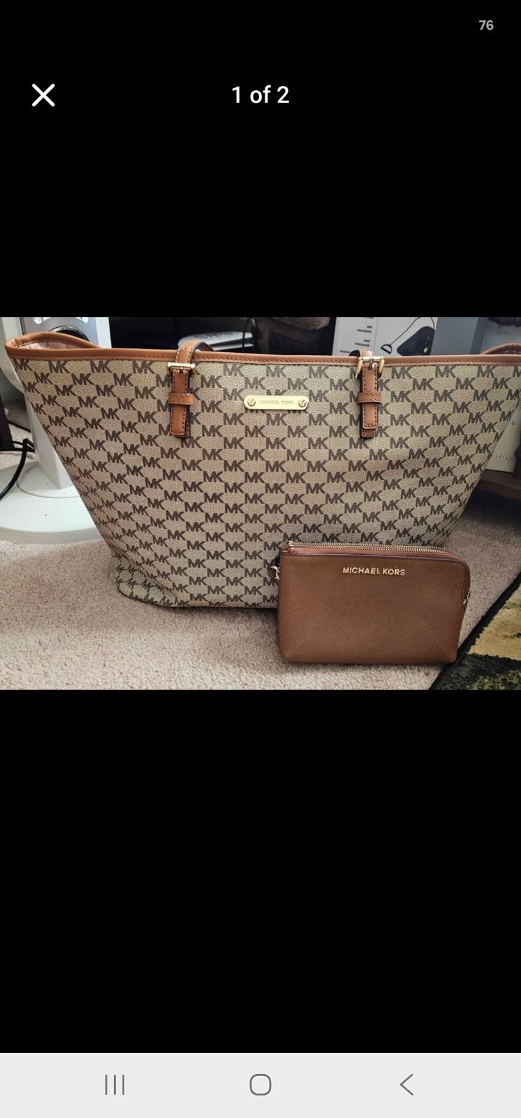 Michael Kors Monogram Tote Bag Beige/Brown with Coin Purse, Double Handles