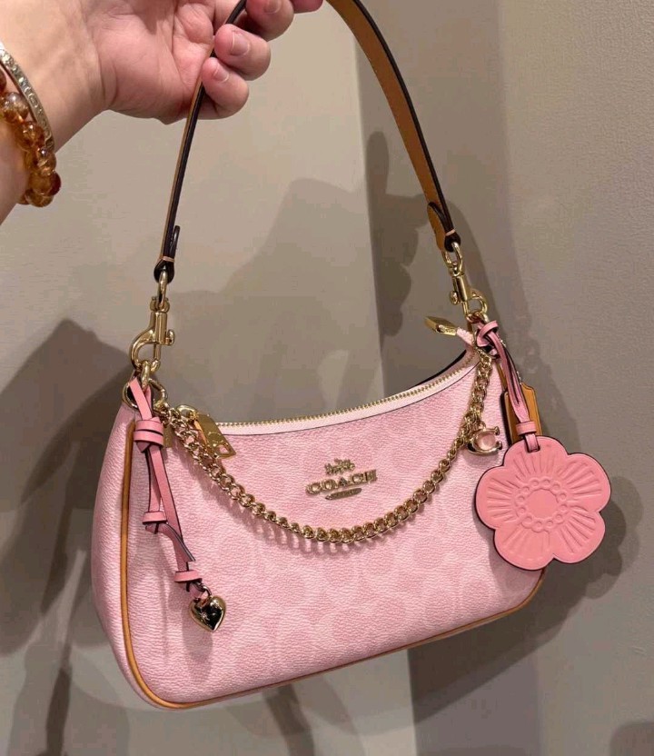 Coach Pink Signature Logo Shoulder Bag Zip Chain Strap Detachable Flower Charm