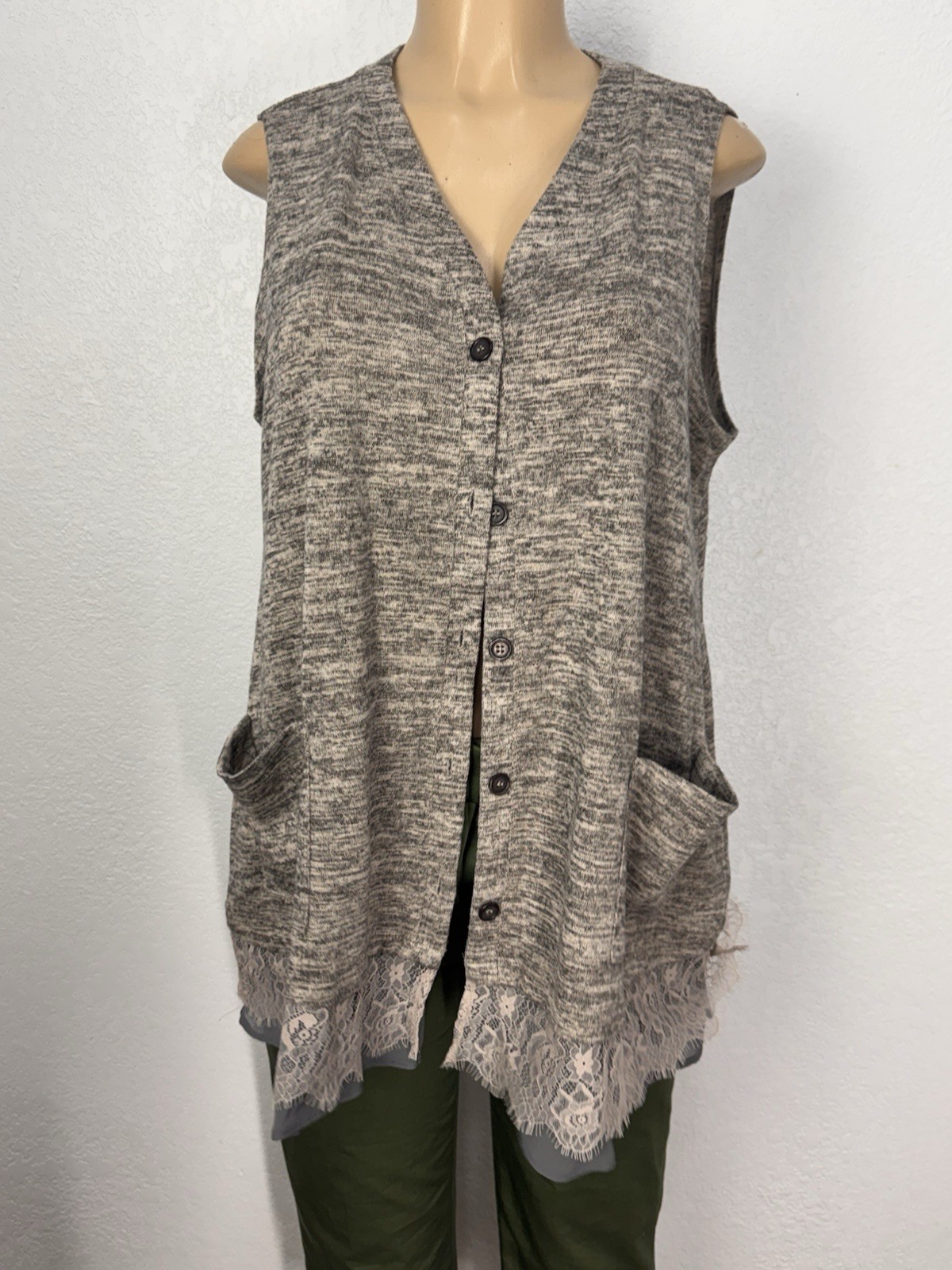 LOGO Marl Lace Hems Insert, Button Front Cardigan Stretch Women Size LCasual Top