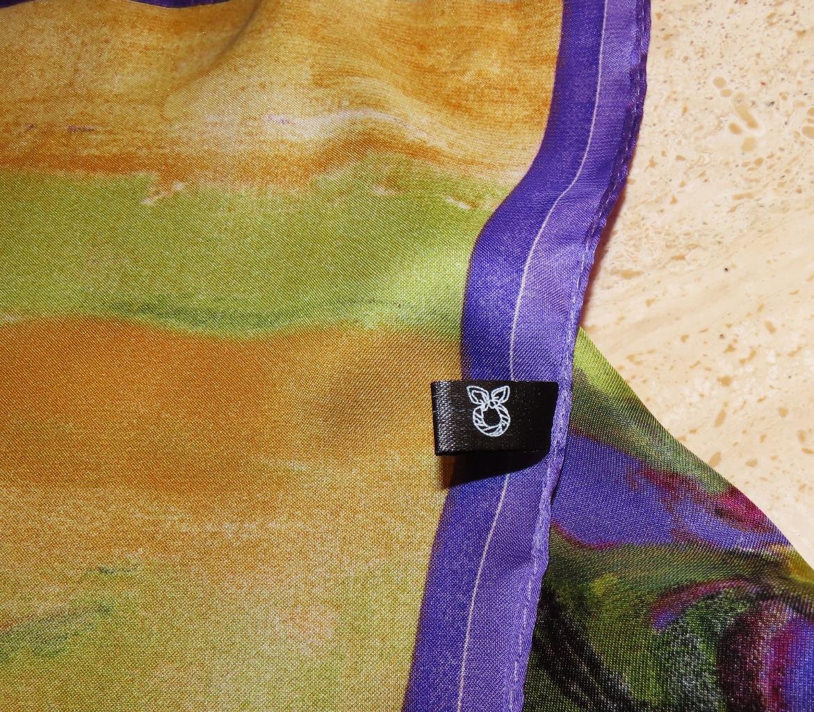 Square irises scarf; Van Gogh? purple gold brown green+ poly; NWT; 27×26.5 in.