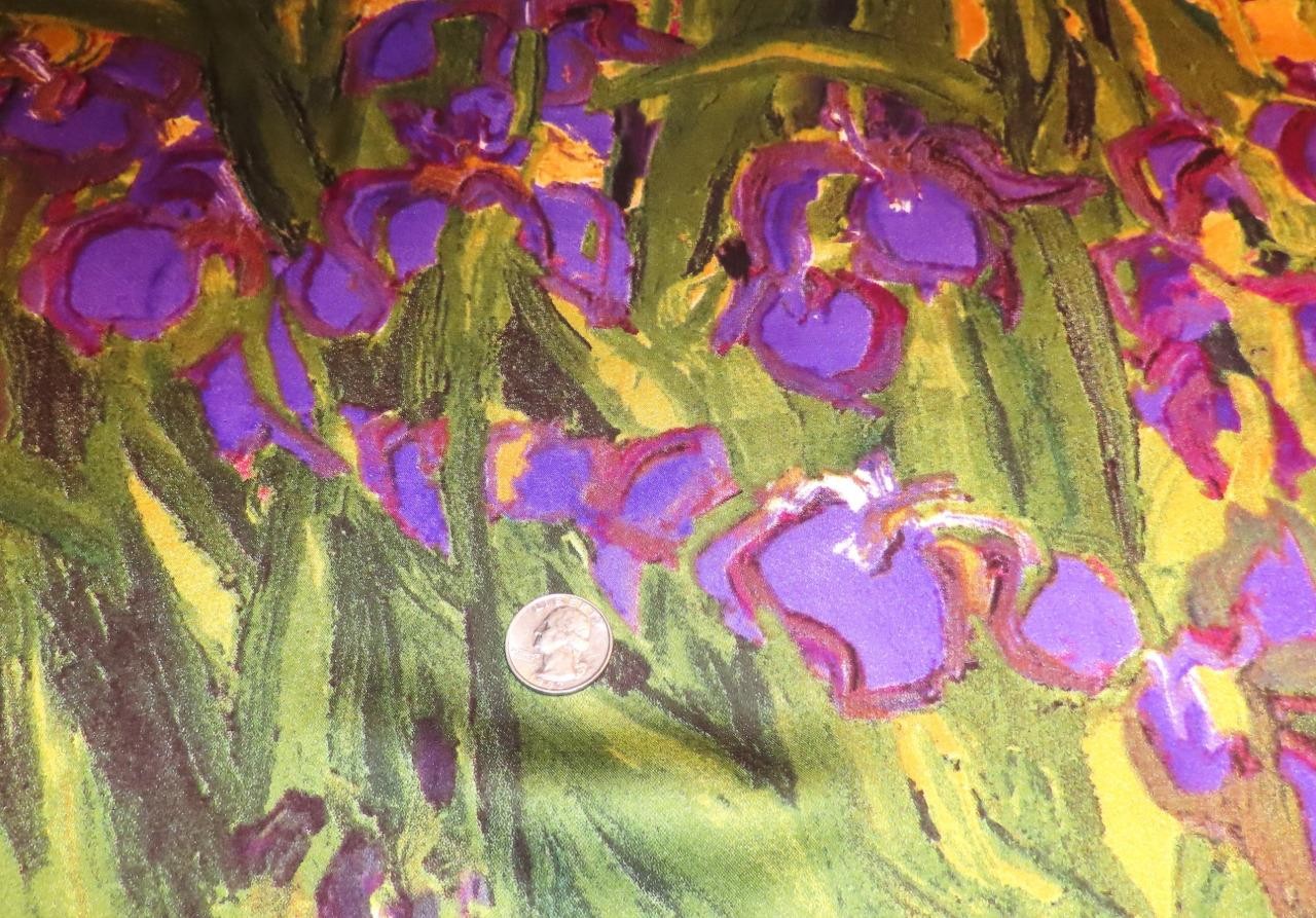 Square irises scarf; Van Gogh? purple gold brown green+ poly; NWT; 27×26.5 in.