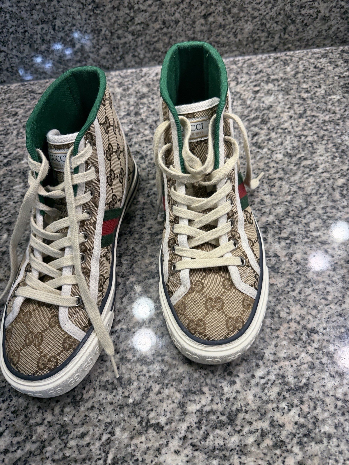 Gucci Tennis 1977 High Top Lace-Up Sneaker GG Canvas Beige Green Red