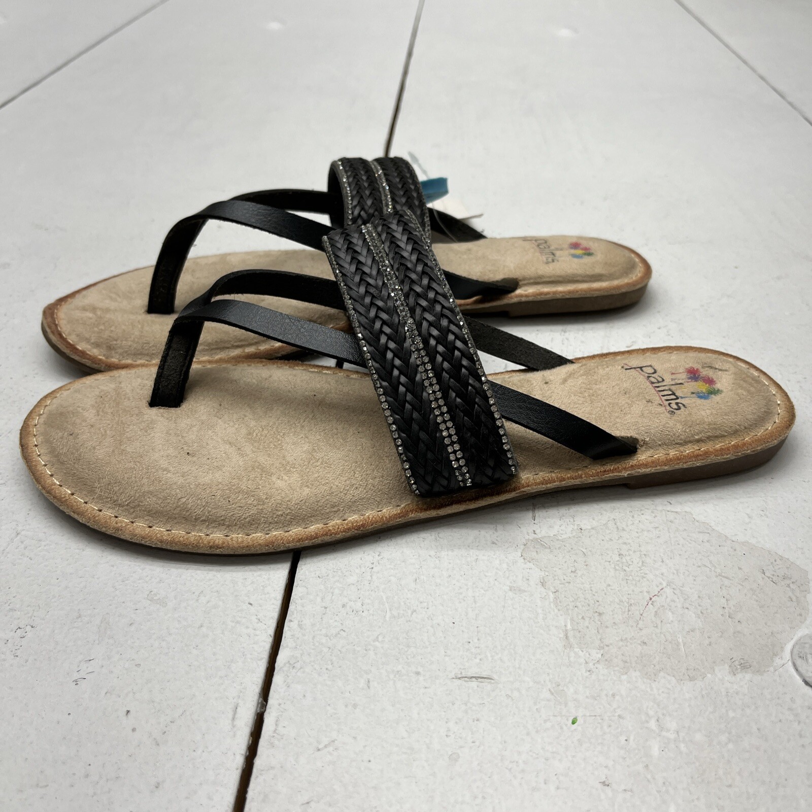 Palms Black Thong Strap Sandal Rhinestone Memory Foam Footbed Women’s Size 8