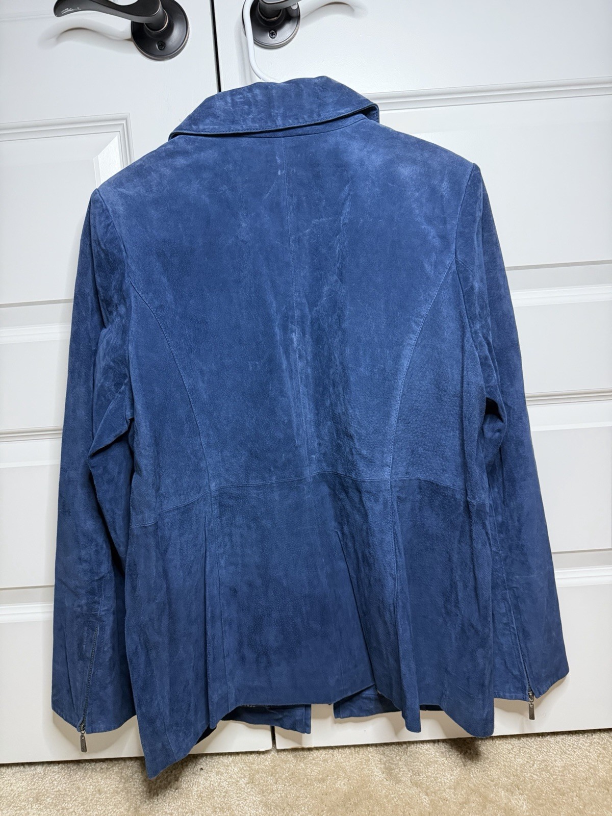 Dennis Basso Blue Suede Leather Jacket Womens Large Genuine Leather Coat