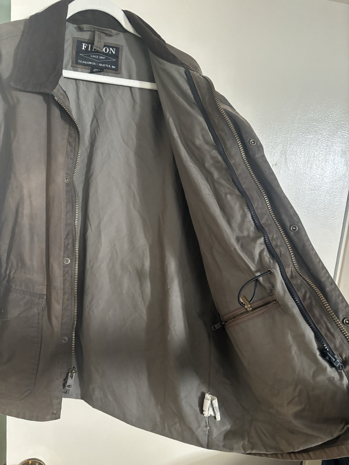 FILSON Mile Marker Jacket Otter Green Waxed Cover Cloth Coat Hunting Mens L
