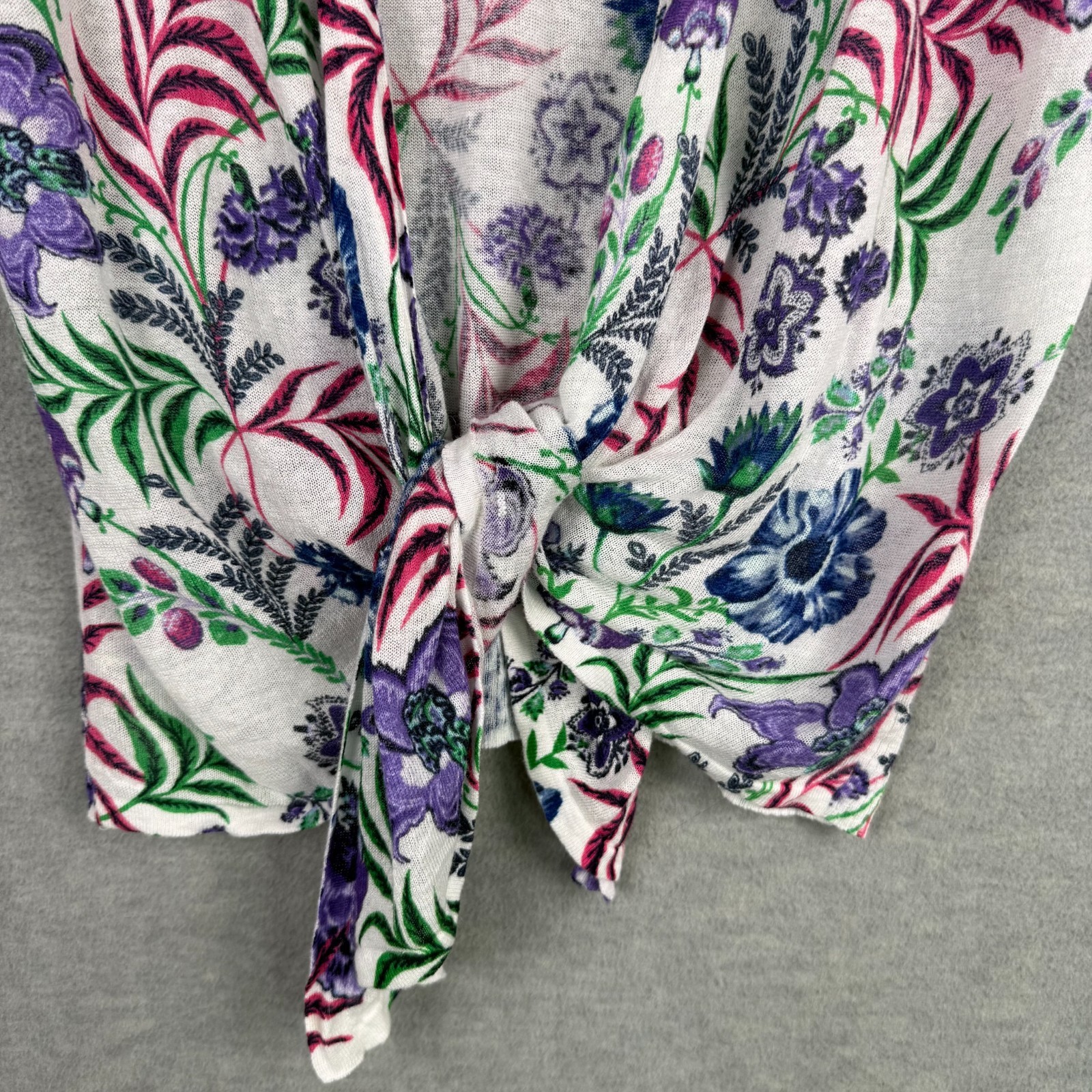 Chico’s 3 XL Lightweight Open Cardigan Ramie Rayon White Floral Tie Front