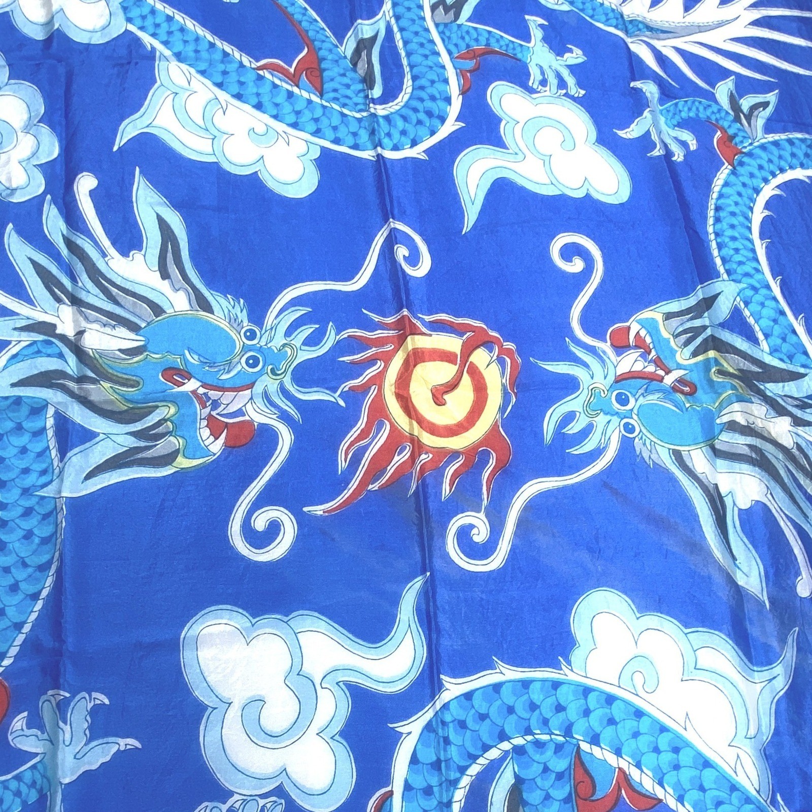 Vintage Chinese Blue Silk Dragon Square Scarf Flaming Pearl Cloud Print 27×27