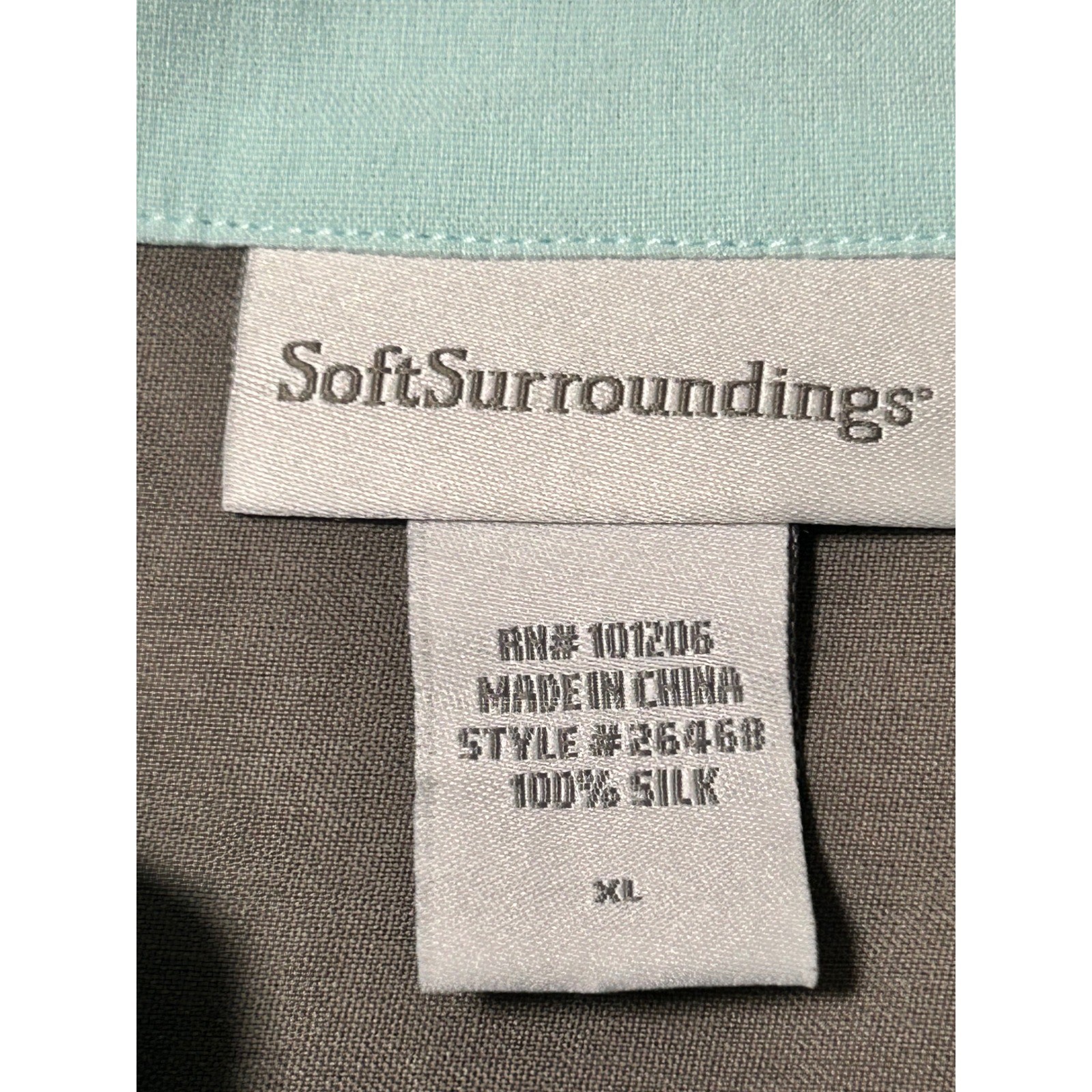 Soft Surroundings Silk Blouse XL Blue Gray Mint Green Trim Button Front- IW