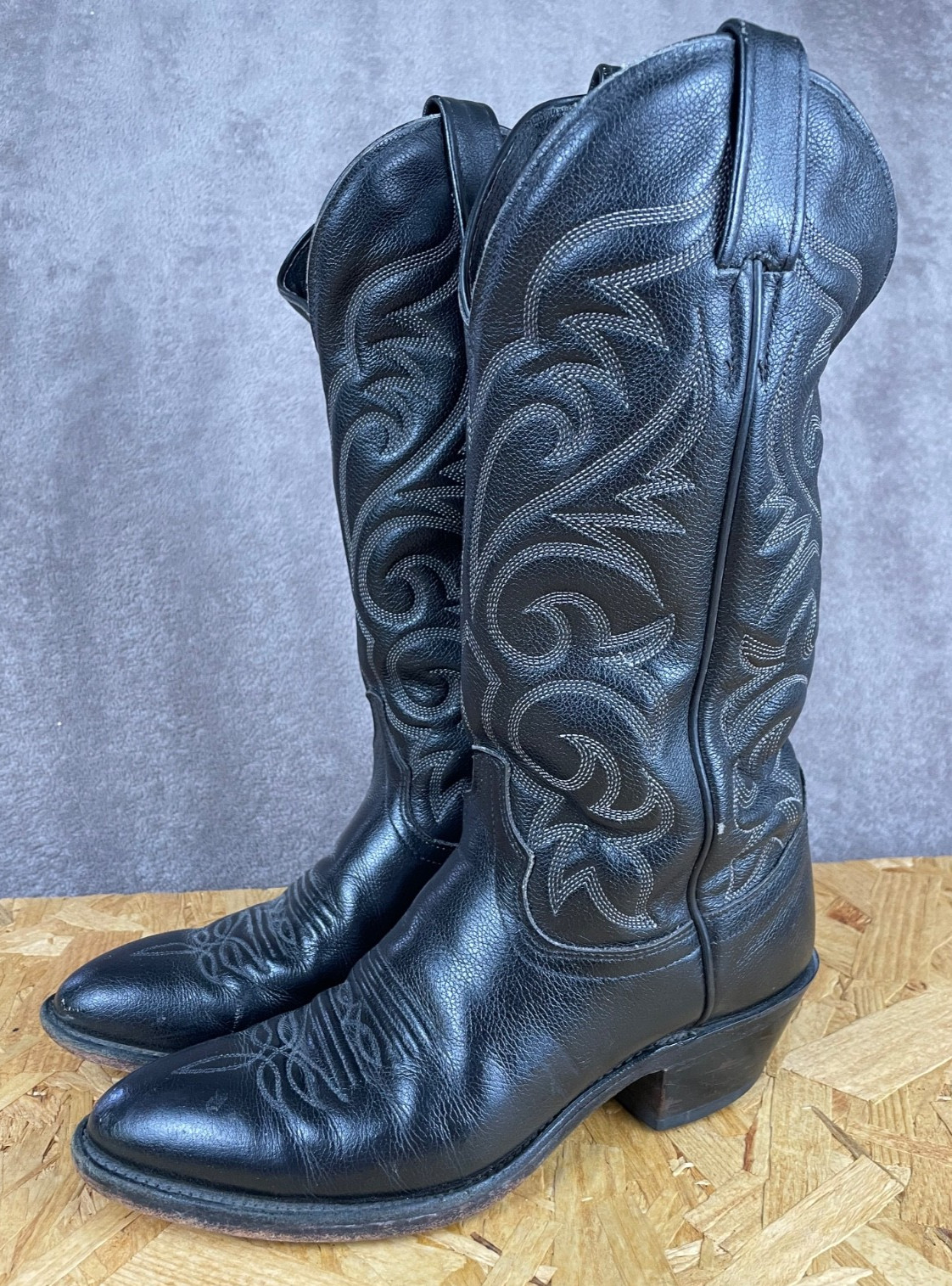 Vintage Black Cowboy Boots J. Chisholm Mens 7.5 Leather USA Made Western Stitch