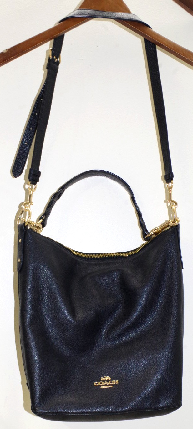 P3 COACH Bag Black Abby Duffle Pebbled Leather Gold Zip Black Double Straps