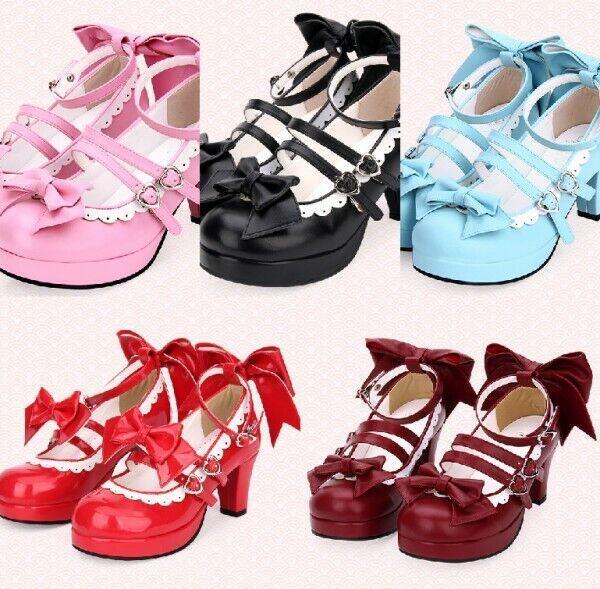 Lolita Women’s Mid Heel Cosplay Shoes Bowknot Platform Sweet Candy Shiny Leather