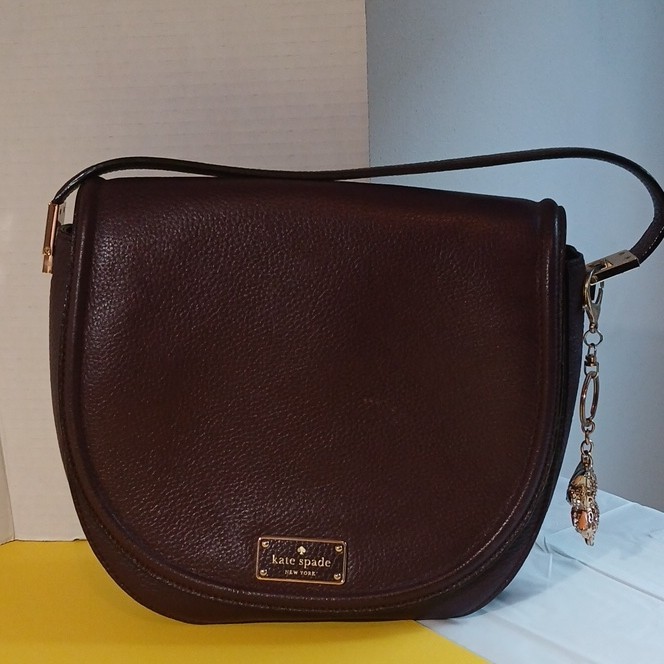 kate spade new york Brown Pebbled Bag Owl Charm Zip Gold Medium