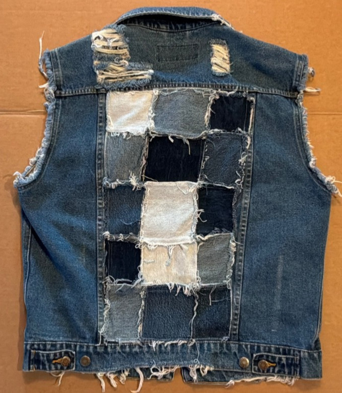 Vintage Wrangler Hero Patchwork Back Denim Vest Classic Trucker 90s Mens M/L